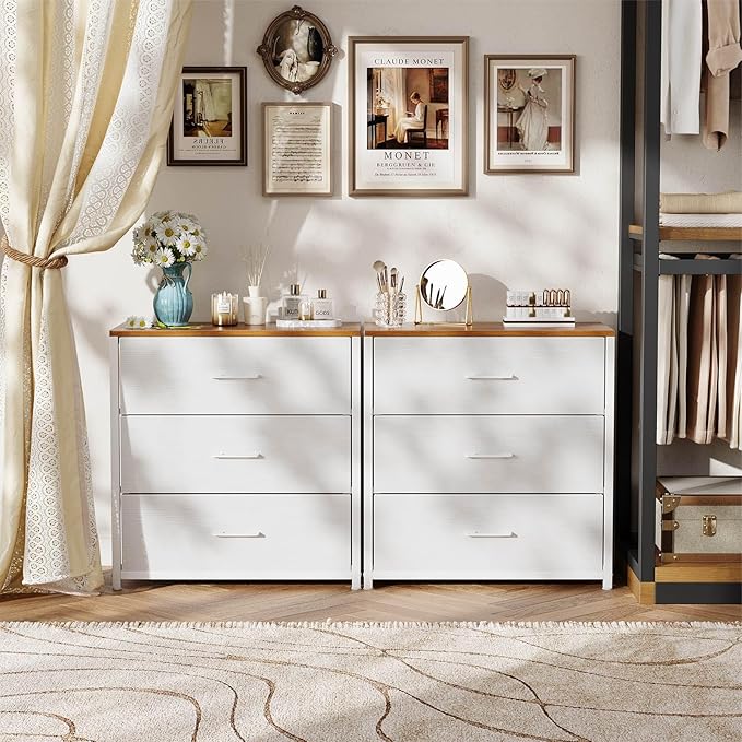 Nightstand,Farmhouse Night stand with 3 Storage Drawer,Small Dresser for Bedroom,Chest of Drawers Fabric Dressers with Steel Frame,Wooden Top Front Bedside Table for Small Space,White+walnut