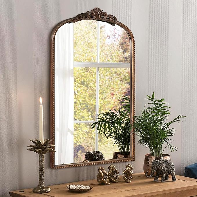 Micasso Traditional Arch Mirror, 31"x 19" Bronze Decorative Mirror with Metal Frame, Wall Mounted Mirror for Bathroom Bedroom Living Room Entryway, Home Wall Decor