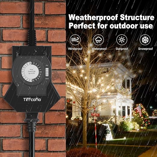 TiFFCOFiO Outdoor Timer Outlet Waterproof, 24 Hour Mechanical Light Timer Outdoor, 3 Grounded Outlets for Home and Garden, 15A 1/2HP, Heavy Duty, ETL Listed (1 Pack)