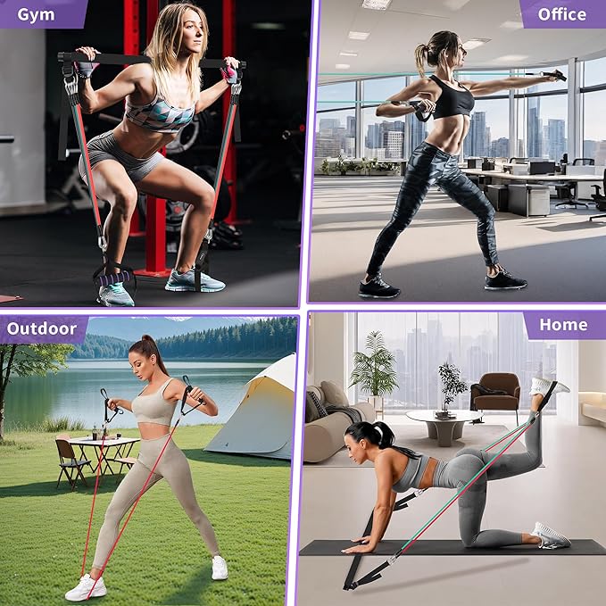 Goocrun Portable Pilates Bar Kit with Resistance Bands for Men and Women - 3 Set Exercise Resistance Bands - Multifunctional Home Gym - Supports Full-Body Workouts – with Fitness Poster and Video