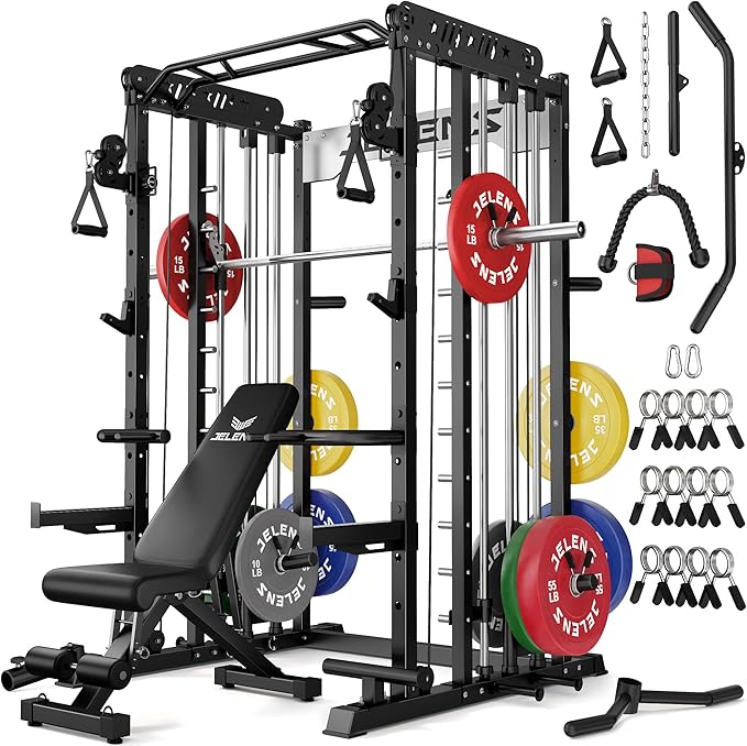JELENS Smith Machine for Home Gym, Multi-Function M12 Power Cage with Cable Crossover System, Squat Rack with Smith Bar and More Attachment