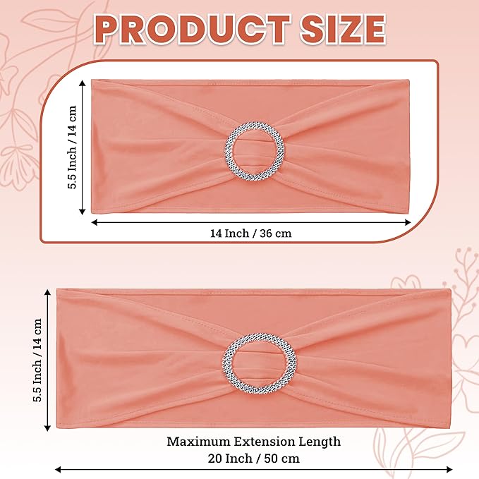 VDS - Coral Peach | Spandex Chair Sashes Bows | 250 PCS | Stretch Elastic Banquet Universal Folding Chair Band Tie with Silver Buckle Slider for Wedding Party Conference Celebration Event Decoration