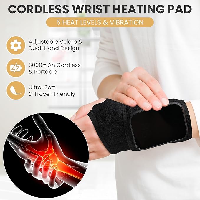 Cordless Wrist Heating Pad for Pain Relief - 5 Heat Levels & Vibration, 3000mAh Rechargeable Battery, 30min Auto-Off, Adjustable Velcro Wrap for Arthritis, Carpal Tunnel, Tendonitis - Left/Right Hand