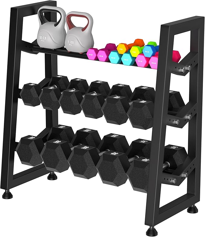 3 Tier Weight Rack for Home Gym Dumbbells, Universal Dumbbell Rack with Adjustable Width Rails, Heavy Duty Angled Storage Stand for Kettlebells & Hand Weights (Rack Only)