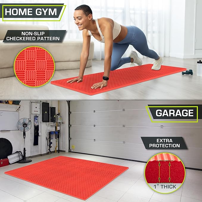 ProsourceFit Exercise Puzzle Mat 1-inch, Checkered EVA Foam Floor Tiles w/Non-Slip Texture, Interlocking Design for Adjustable Gym Surfaces, Shock Absorbing, Red, 24 SQ FT - 6 Tiles