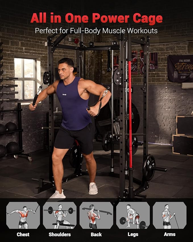 GarveeLife Power Cage, Multi-Functional Power Racks for Home Gym with Cable Crossover System, 1600 LBS Weight Capacity Fitness Squat Rack for Strength Workout with More Training Attachment, Red