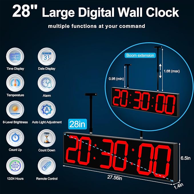 CHKOSDA Digital Clock Large Display 28" with Remote Control,Double-Sided Clock, Suspended Design for Hospitals, Factories, Airports.