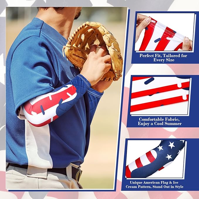 Shyyween 6 Pair Ice Cream Drip Baseball Arm Sleeve Youth Cross Sun Protection Compression Arm Sleeve American Flag Sport Gift