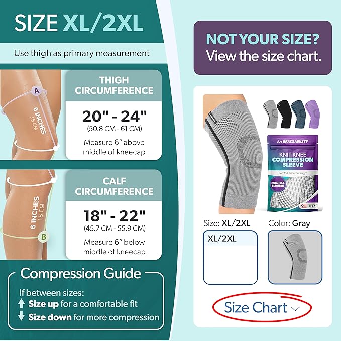 BraceAbility Knee Compression Sleeve - Knit Knee Pain Brace for Men or Women, Arthritis Relief, Meniscus Tear, Running, Workout, Sports, Swelling, Athletic Support for Joint Stability (XL/2XL Gray)