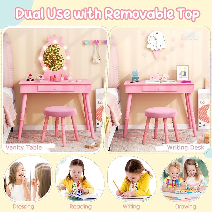 Costzon Kids Vanity, Girls Vanity Set with Mirror and Stool and Lights, Drawer, 2 in 1 Wooden Makeup Vanity Desk Dressing Table, Kids Vanity Table and Chair Set (Pink)