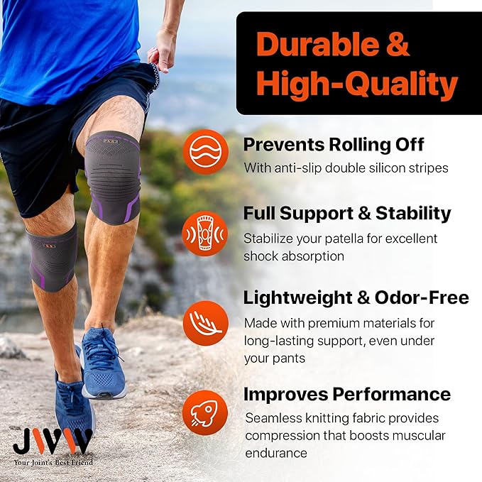 JWW Plus Size Knee Compression Sleeve for Big Thighs, 2 Pack Knee Brace for Men & Women Knee Pain Relief, Workout Sports Knee Support, Knee Braces for Meniscus, ACL & Arthritis Recovery (Purple, 2XL)