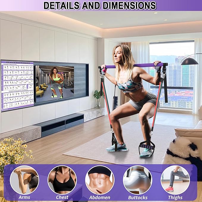 Goocrun Portable Pilates Bar Kit with Resistance Bands for Men and Women - 3 Set Exercise Resistance Bands - Multifunctional Home Gym - Supports Full-Body Workouts – with Fitness Poster and Video