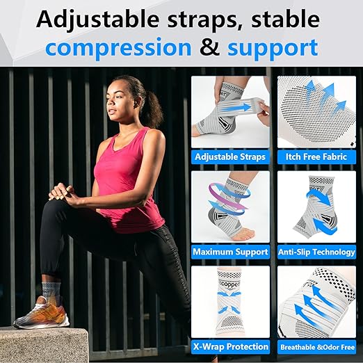 DRNAIETY Copper Ankle Brace for Men & Women - 1 Pair Adjustable Ankle Support Compression Sleeve for Plantar Fasciitis, Achilles Tendonitis, Foot Pain, Swelling, Sprains - Everyday Use (Grey, Medium)