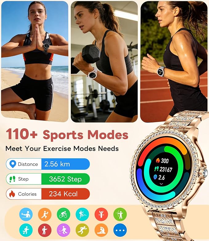 Smart Watch for Women Diamond, Bluetooth Calls, 1.32-inch HD Screen Round Fitness Tracker with Menstrual Cycle/Sleep/Heart Rate Monitor, 100+ Sports Mode, Android/iOS Phone, Rose Pink