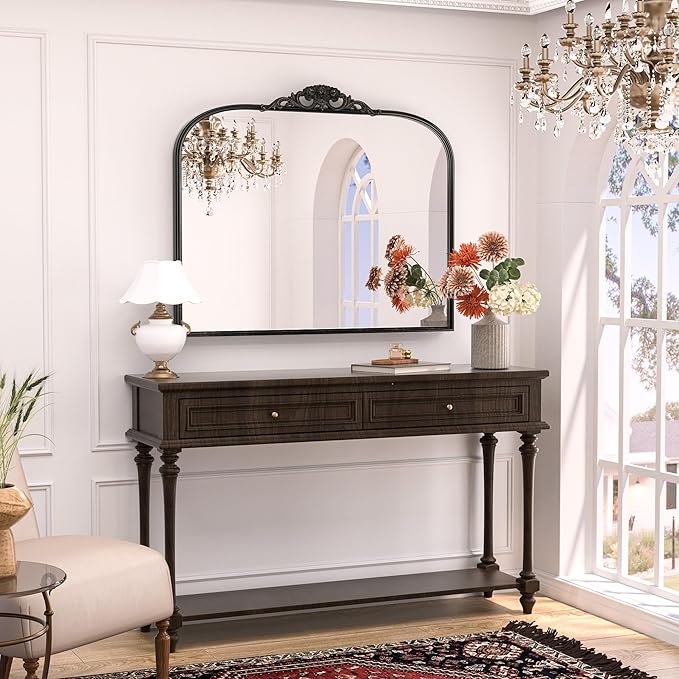 Keonjinn Vintage Mirror 40" x 30", Large Black Antique Mirror with Metal Frame, Ornate Arched Mirrors for Wall, Baroque Decoration for Mantle, Bathroom, Living Room, French Cleat Mounting