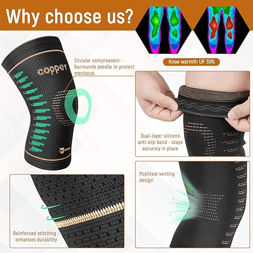 JIUFENTIAN Copper Knee Brace for Women and Men(2 Pack) -knee compression sleeves for Arthritis, Running & Daily Use-Targeted Support for Joint Stability & Pain Relief(Large)