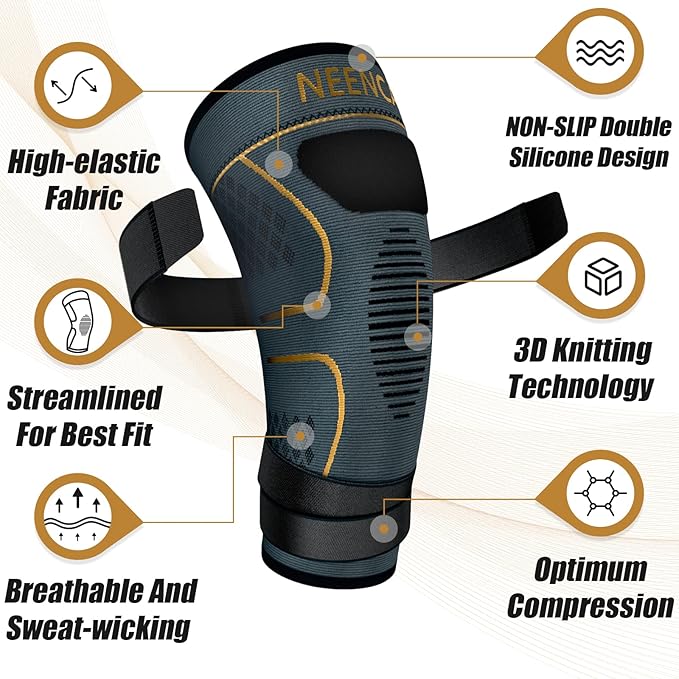 NEENCA Knee Braces for Knee Pain- 2 Pack Knee Sleeves for Pain Relief Set, Knee Compression Sleeves with Adjustable Straps for Best Fit, for Sports, Runner, Meniscus Tear, ACL, Arthritis, Joint Pain..
