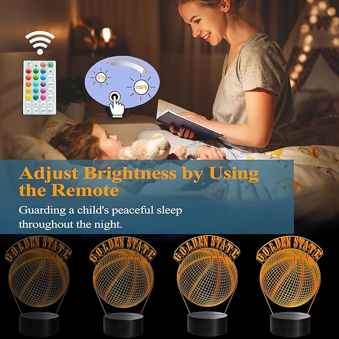 Basketball Golden State Night Light, Golden State Gifts for Boy, 3D Illusion Lamp with Remote Control, 16 Colors Changing, RGB Flashing Mode and Dimmable, Gifts for Boys Christmas Decor