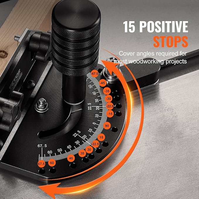 VEVOR Precision Miter Gauge, Standard Slot 3/4'' x 3/8'', Aluminum Alloy Table Saw Miter Gauge with 15 Angle Stops Adjustable Spring Loaded Plunger and Removable Disc, for Woodworking Tool Table Saw