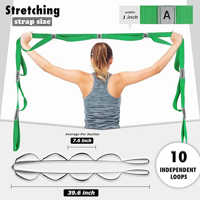 Stretching Strap Yoga Strap with 10 Loops, Non-Elastic Stretch Band for Physical Therapy, Flexibility, Exercise, Pilates, Dance & Gymnastics Workout