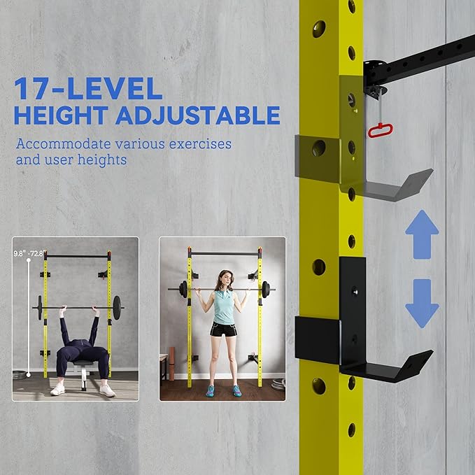 Soozier Folding Squat Rack with Adjustable Pull-Up Bar, 1000 Pounds Capacity Wall Mounted Power Rack, Adjustable Barbell Rack with J Hooks for Home Gym Full Body Workout