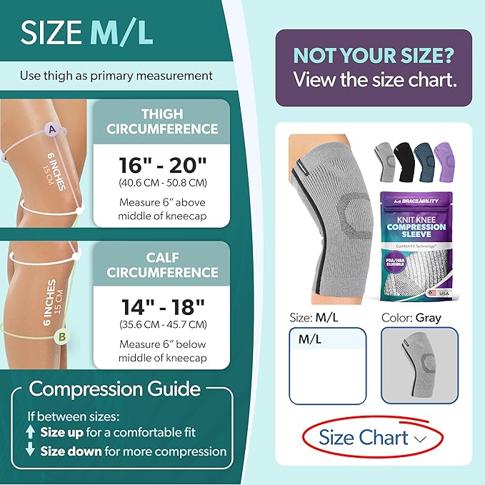 BraceAbility Knee Compression Sleeve - Knit Knee Pain Brace for Men and Women, Arthritis Relief, Meniscus Tear, Running, Workout, Sports, Swelling, Athletic Support for Joint Stability (M/L Gray)