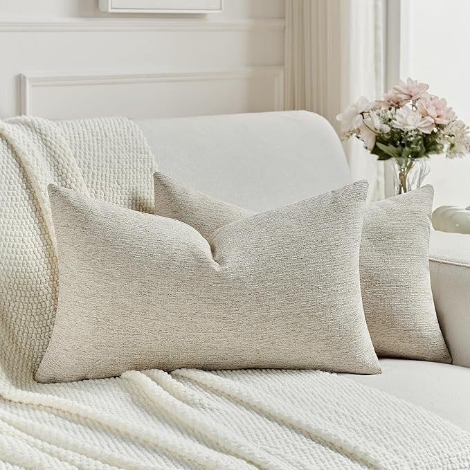 FUTEI Natural Linen Chenille Decorative Throw Pillow Covers 12x20 Inch Set of 2,Soft Cozy Faux Linen Textured Lumbar Pillow Cases,Farmhouse Home Decor for Couch Living Room