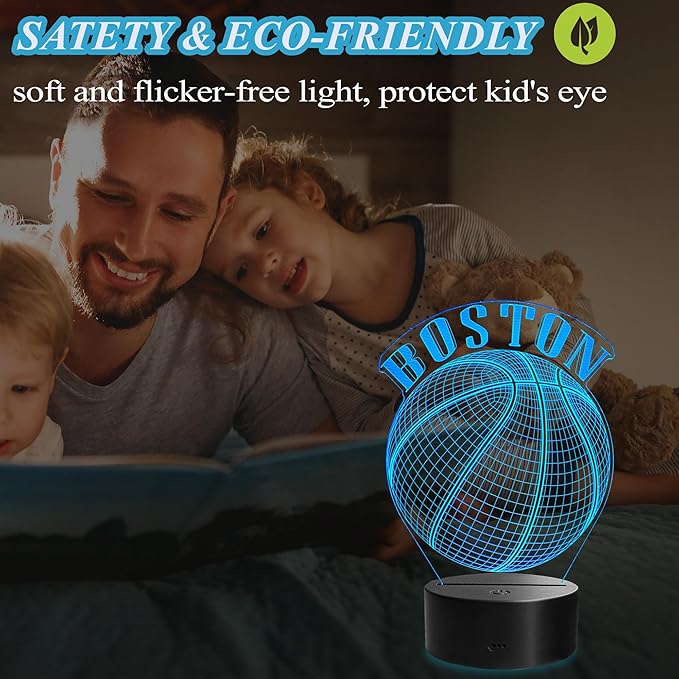 Basketball Night Light, Boston Gifts for Boy, 3D Illusion Lamp with Remote Control, 16 Colors Changing, RGB Flashing Mode and Dimmable, Gifts for Boys Christmas Decor (Boston)