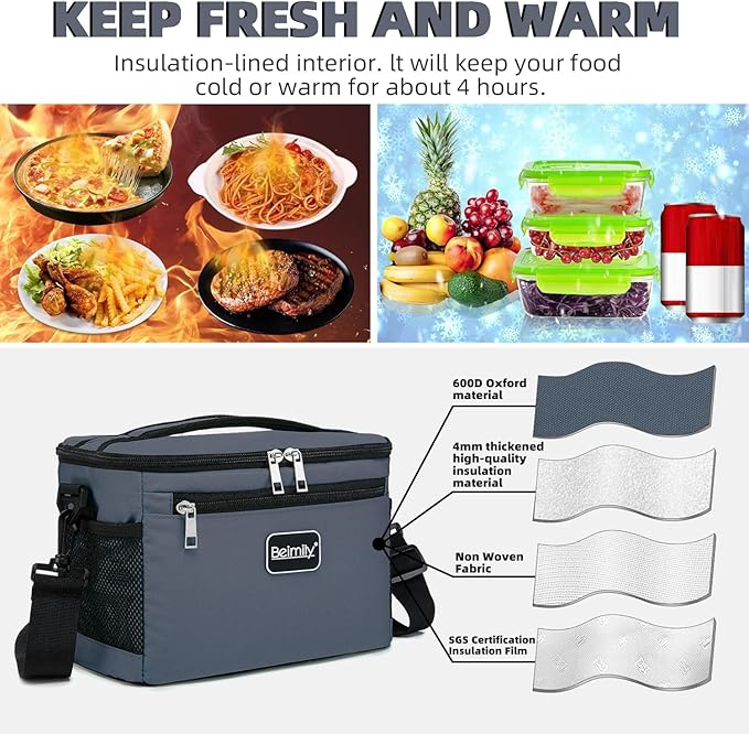 BEIMILY Lunch Box for Men/Women,Small Insulated Lunch Bag,Reusable LunchBox for work Picnic Hiking Beach,Leakproof Soft Cooler Tote Bag Organizer with Adjustable Shoulder Strap for Adults(Gray)