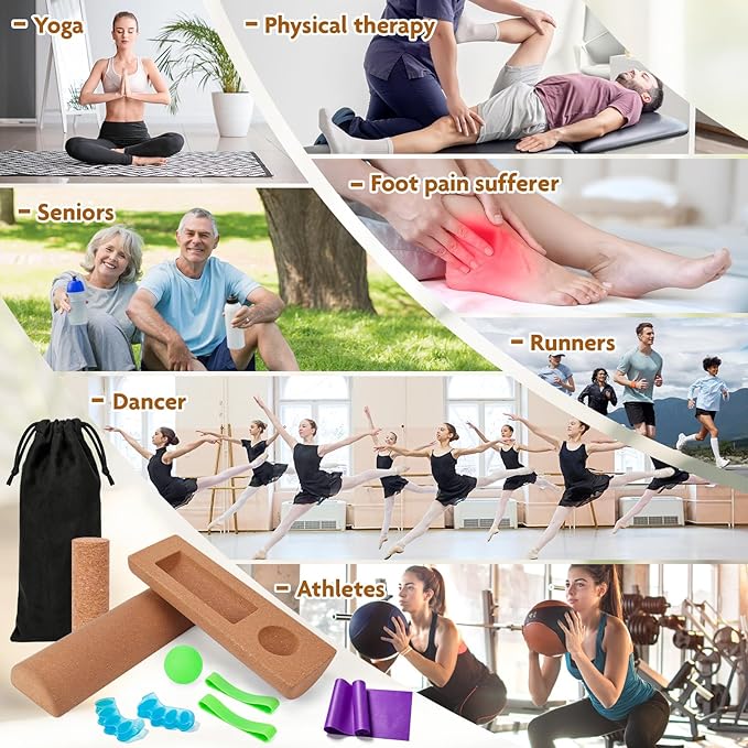 Cork Balance Board, Foot Balance Board Set with Massage Roller, Massage Ball, Toe Resistance Band, Toe Spacer, Resistance Band, Storage Bag, Ankle Strengthener for Home Office Gym