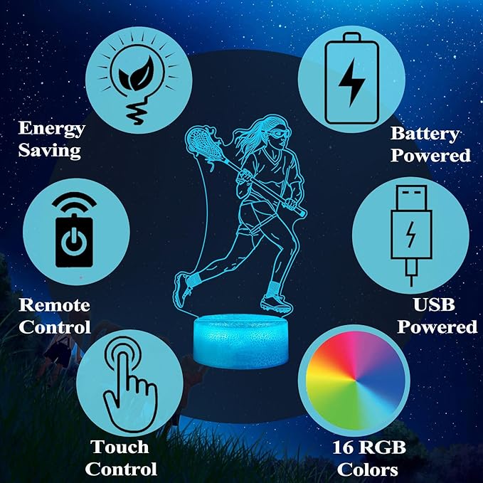 Lacrosse Gifts for Girls, 3D Night Light Lamp with Remote Control, 16 Colors Changing, Timer and Dimmable, Room Decor for Lacrosse Women, Mom, for Birthday Holiday Christmas