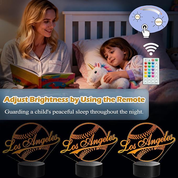 Baseball Los Angeles Night Light, LA Baseball Sport Gifts for Boy, 3D Illusion Lamp with Remote Control, 16 Colors Changing, RGB Flashing Mode and Dimmable, Gifts for Boys Christmas Decor