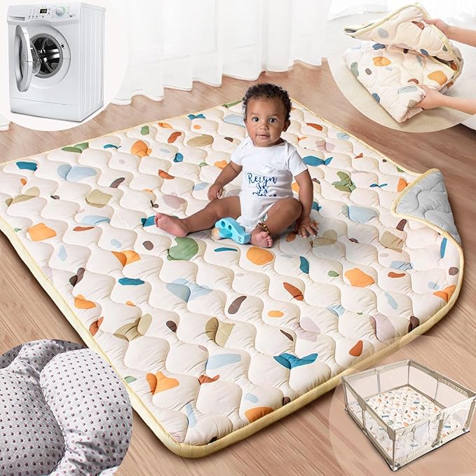 Baby Play Mat, 50x50 Playpen Mat with Super Soft Touch, Activity Playmat with Upgraded Anti-Slip Bottom, Machine Washable Crawling Mat for Floor & Picnic(Boho Color Blocks)