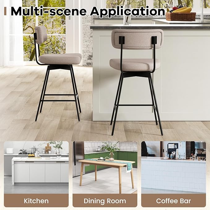 COSTWAY Bar Stools Set of 4, 25” Upholstered Counter Height Bar Stools with Back, 360° Swivel Dining Chairs with Heavy-Duty Metal Legs and Footrests, for Kitchen Island, Dining Room, Bar (4, Beige)