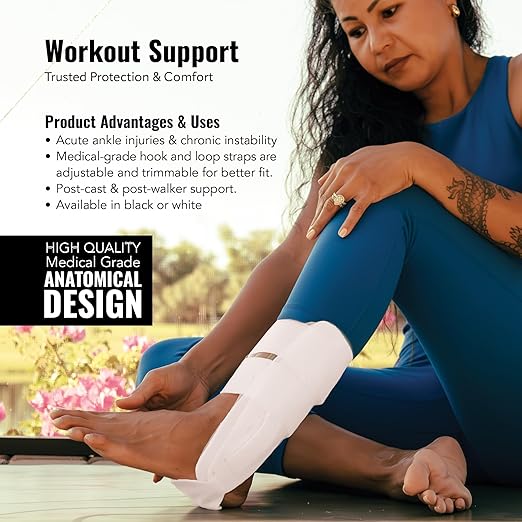 AnklePro Air Cushion Stirrup Ankle Stabilizer Brace - Removable Cold Therapy 3-Strap Rigid Stirrup Ankle Splint w/Gel Pad for Women & Men - Lateral Support for Stability, White, Trainer