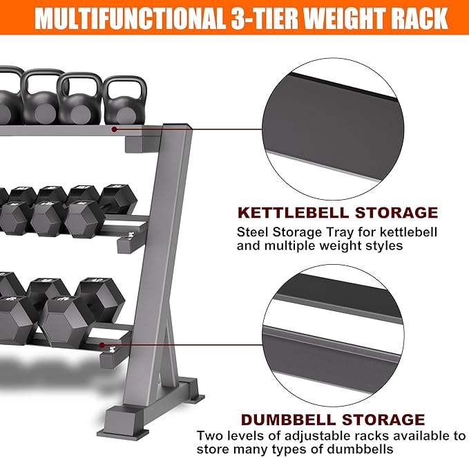 Heavy Duty 3 Tier Dumbbell Rack Stand, 1200LBS Commercial Weight Storage Organizer for Home Gym (Select Frame Type: Kettlebell Flat Tray, All Rails, or Rolling Wheels), Stand Only