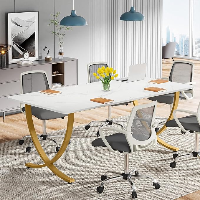 Tribesigns Executive Desk, 63” W x 31.5” D Large Office Desk, Modern Computer Desk Conference Table Meeting Room Table, Business Furniture for Home Office, White and Gold