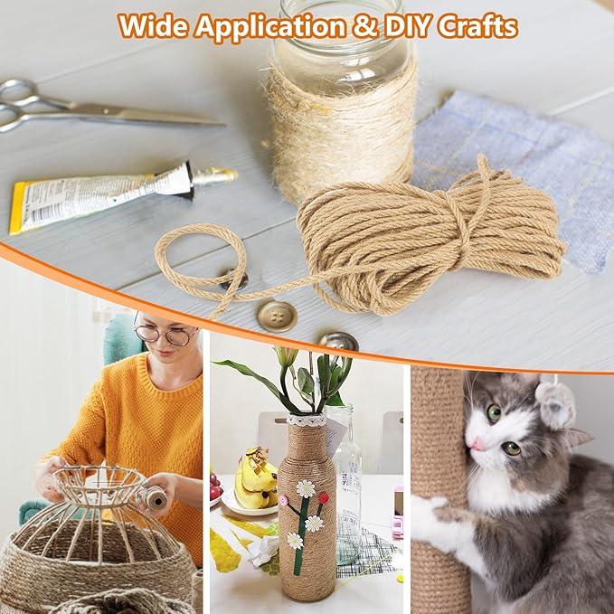 DEDU Sisal Rope 1/4 Inch X 100 Ft, Natural Hemp Rope Twine Twisted 4 Strand, Idea for Crafts Heavy Duty Multipurpose for Cat Scratcher, Docks, DIY Projects.
