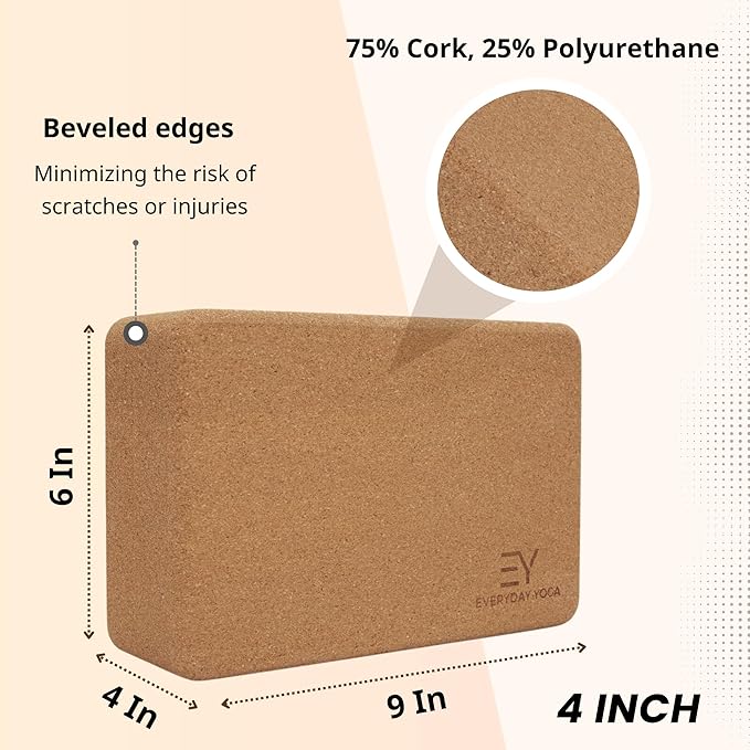 Everyday Yoga Premium Cork Block - Natural Cork, Improve Strength, Flexibility with Soft Brick Workout Handstand, (Single)