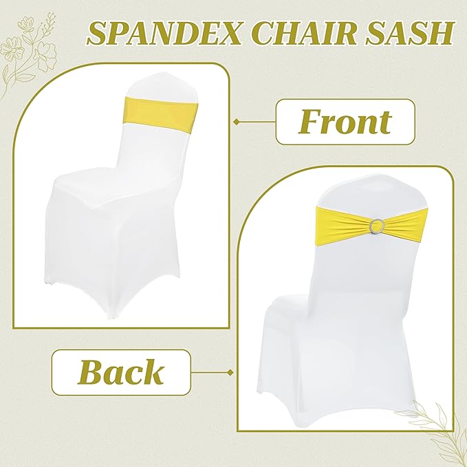 VDS - Yellow | Spandex Chair Sashes Bows | 50 PCS | Stretch Elastic Banquet Universal Folding Chair Band Tie with Silver Buckle Slider for Wedding Party Conference Celebration Event Decoration