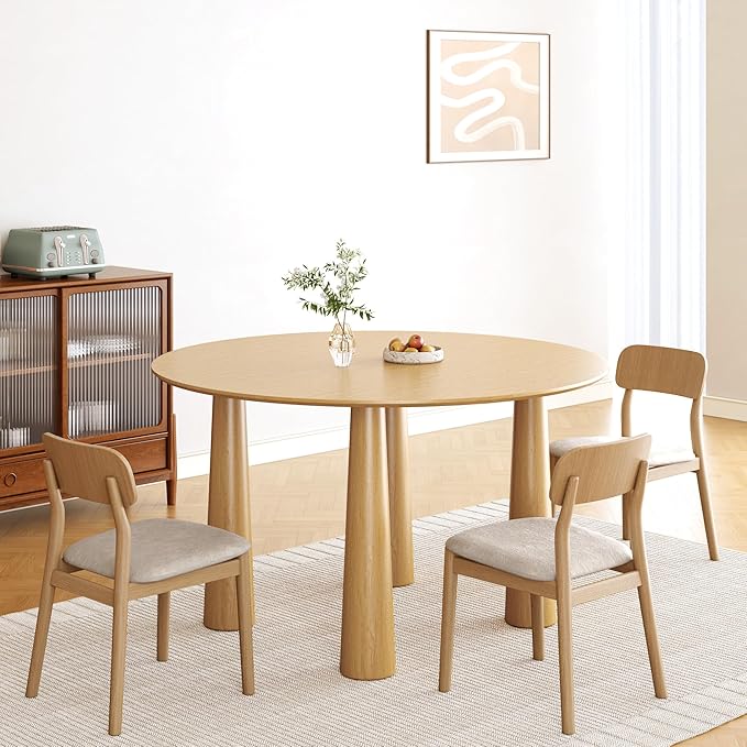 Casaphoria 52" Round Dining Table, Kitchen Table for 6 with Arc-Shaped Edge Top and Cylindrical Legs, Easy Assembly for Living Room, Dining Room, Oak