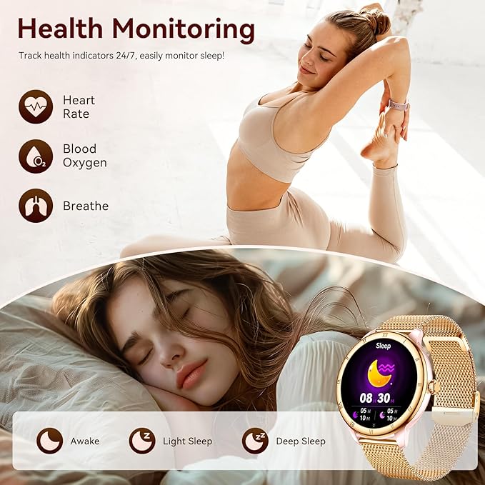 Smart Watches for Women, HD Screen Fitness Tracker 5ATM Waterproof with Bluetooth Make/Answer Calls, Activity Trackers with Heart Rate/Sleep/Female/SpO2 Monitor, Smartwatch for iPhone/Android(2 bands)