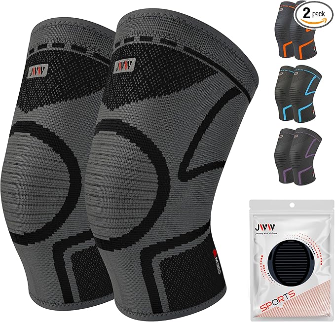 JWW Knee Compression Sleeve 2 Pack for Men and Women, Knee Brace for Knee Pain Relief, Comfortable Support for Running, Workout Sports and Daily Wear, Meniscus, ACL and Arthritis Recovery (Black, L)