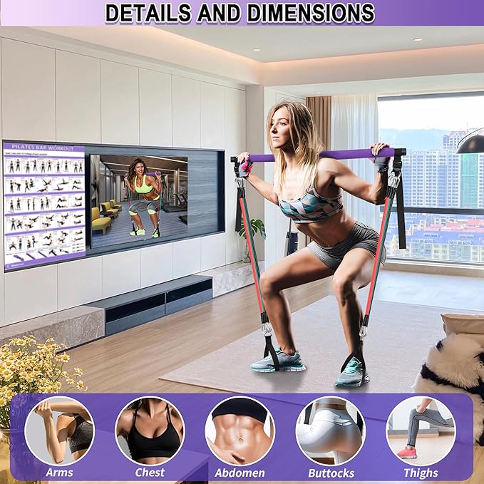 Goocrun Portable Pilates Bar Kit with Resistance Bands for Men and Women - 3 Set Exercise Resistance Bands - Multifunctional Home Gym - Supports Full-Body Workouts – with Fitness Poster and Video