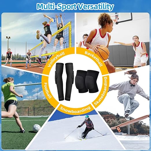 Volleyball Knee Pads and Arm Sleeves with Elbow Pads Set, High Protection Arm Pads Knee Pads for Youth Girls Boys Women Men Volleyball Basketball Football Skateboarding Wrestling Dance (Black/S)