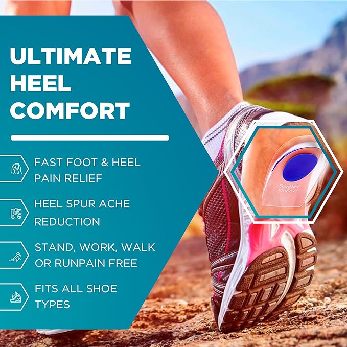 Heel Cups for Achilles Tendonitis & Plantar Fasciitis - 6 Pack Gel Shoe Inserts for Heel Pain Relief, Arch Support, for Women & Men