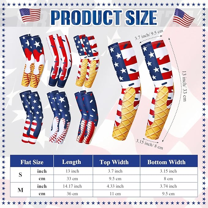 Shyyween 6 Pair Ice Cream Drip Baseball Arm Sleeve Youth Cross Sun Protection Compression Arm Sleeve American Flag Sport Gift