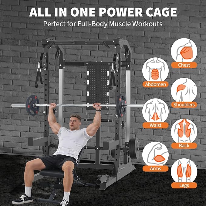 Power Cage, 2000LB Power Rack with Independent Dual Pulley System, Multi-Function Home Gym Workout Machine for Stability & Strength Training