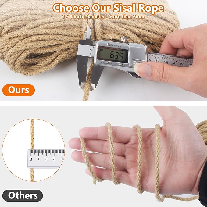 DEDU Sisal Rope 1/4 Inch X 100 Ft, Natural Hemp Rope Twine Twisted 4 Strand, Idea for Crafts Heavy Duty Multipurpose for Cat Scratcher, Docks, DIY Projects.