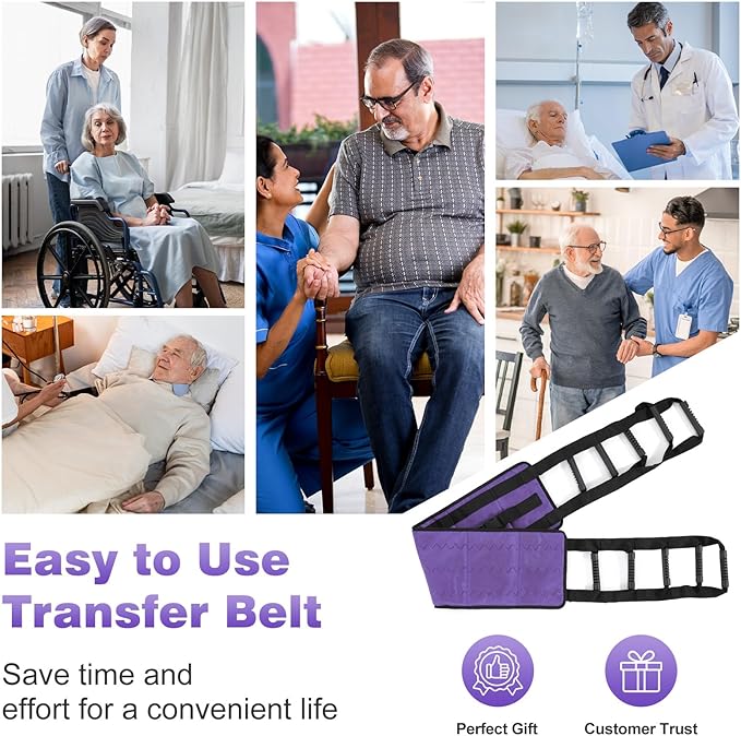 Rhino Valley Transfer Sling, Gait Belt with 10 Padded Handles, Non-Slip Nursing Transfer Belt, Safety Standing and Lifting Aid for Disabled, Elderly, Seniors, Injured, Purple+Black